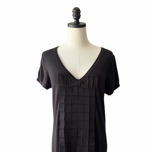 Ted Baker Black Cotton Knit V Neck Ribbon Dress | 3 (M) - Picture 3 of 10